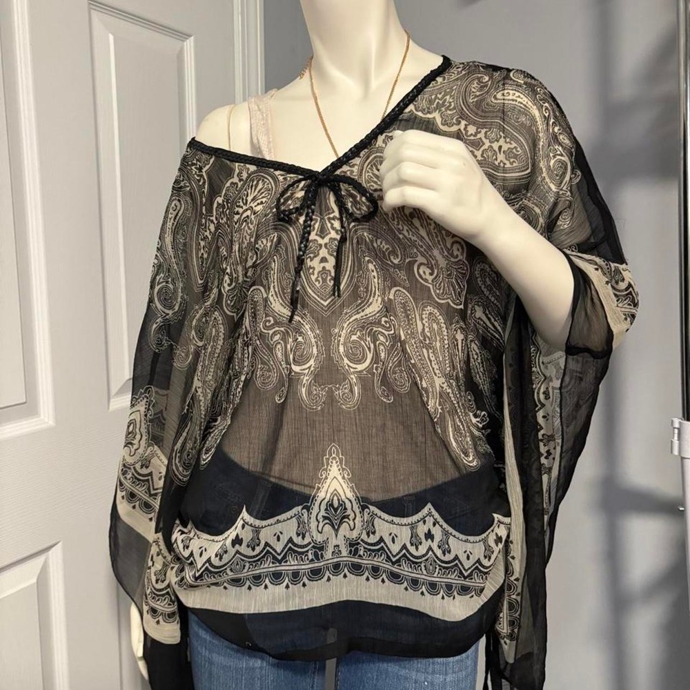 Y2K Dots Black & White Paisley Boho Sheer Off Shoulder Top